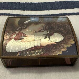 Vintage Trinket Jewelry Box - Metal & Glass - Angel with Dove - Enesco Brand